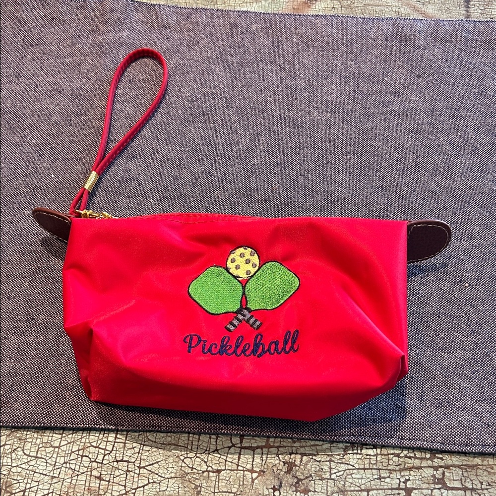 Red Pickleball Embroidered Nylon Wristlet Pouch Bag
